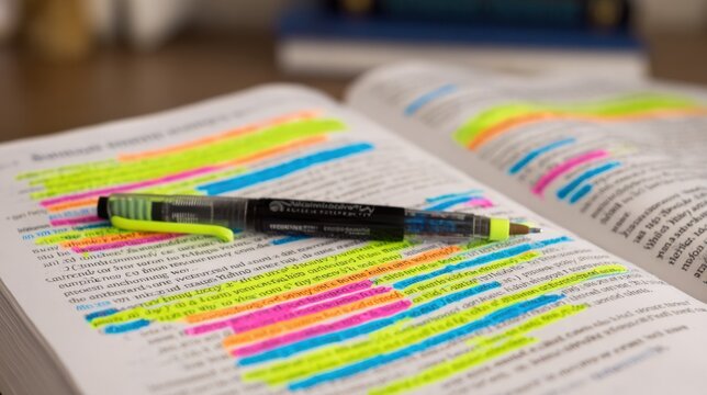 Focused view on Cornell notes summary section student underlining keywords with vibrant highlighter tutors detailed template faded in the background.