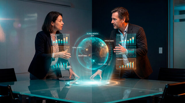 Business executives analyzing holographic globe and growth charts in dark boardroom