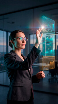 Businesswoman touching holographic revenue charts wearing smart glasses in office