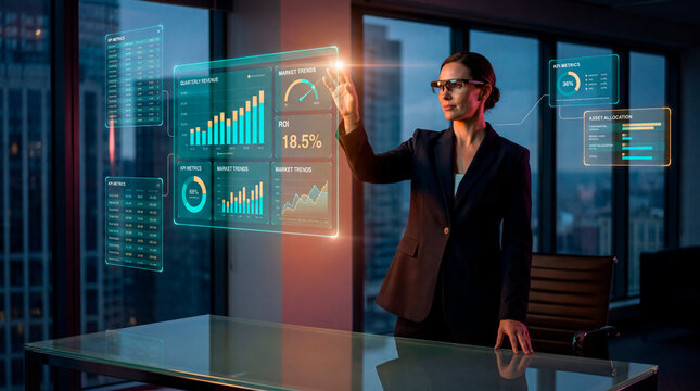 Businesswoman analyzing holographic KPI dashboard with city skyline at dusk