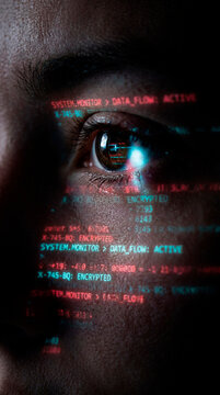 Male face illuminated by projected encrypted code and data stream in darkness