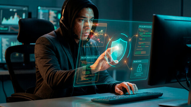 Cybersecurity analyst interacting with holographic threat shield in dark control room