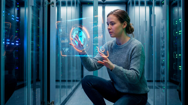 Female technician interacting with holographic network globe in bright data center