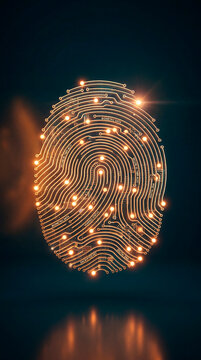 Glowing digital fingerprint made of circuit lines with biometric data on dark background