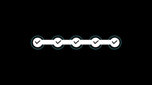 Step by step verification progress bar animation. five step verification bar with chick mark. verified concept animation.