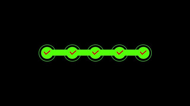 Step by step verification progress bar animation. five step verification bar with chick mark. verified concept animation.