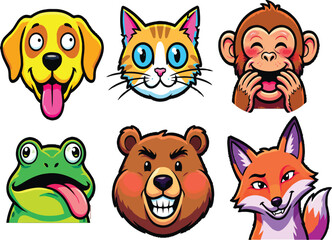 Fototapeta premium Cute Cartoon Animal Faces Collection - Funny Dog, Cat, Monkey, Frog, Bear, Fox Emoji Vector Illustration Set