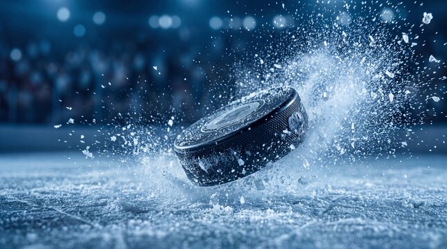 A professional ice hockey puck hitting the frozen arena surface, creating an explosive spray of ice chips and snow with a blurred stadium background.