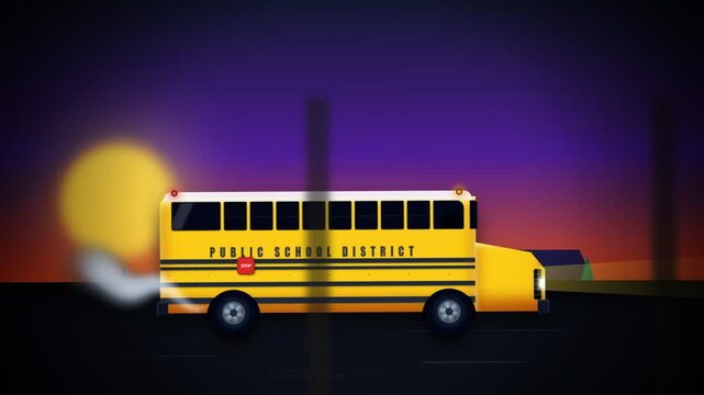 Yellow school bus driving on a road at sunset, side view, 2D flat vector animatio