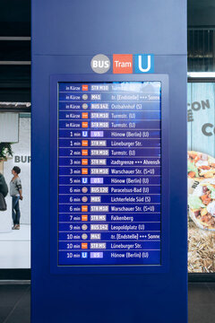 Berlin, Germany - April 22, 2026: Public transport departure information display inside Berlin Central Station (Berlin Hauptbahnhof) showing U Bahn, tram and bus services.