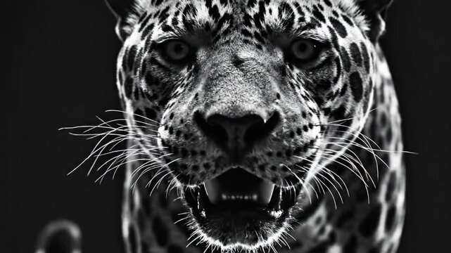Close-up monochromatic portrait of a jaguar face emerging from dark shadows featuring detailed fur patterns, whiskers, and an intense direct gaze against a black background.