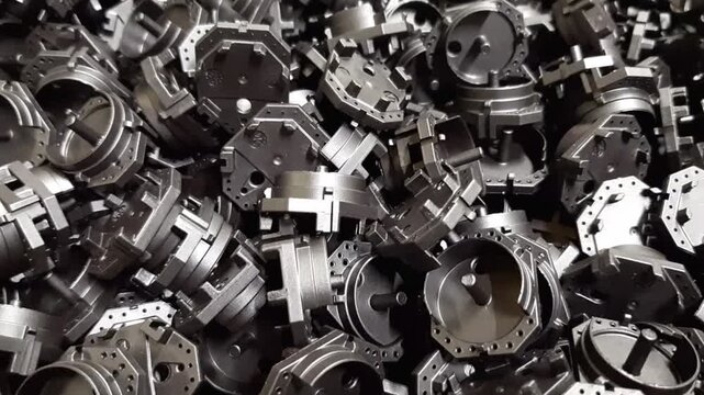 Industrial video of black plastic components moving on factory conveyor belt. Abstract background of manufactured shiny polymer molding details and engineering items.