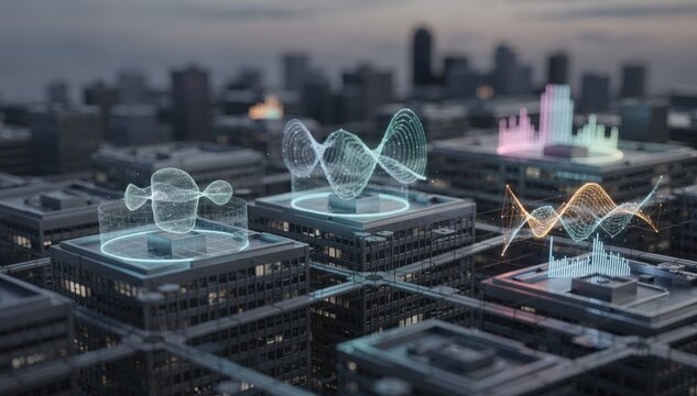 Interactive 3D map with focused AI algorithms adjusting frequencies on building rooftops featuring an artfully blurred cityscape to enhance depth.