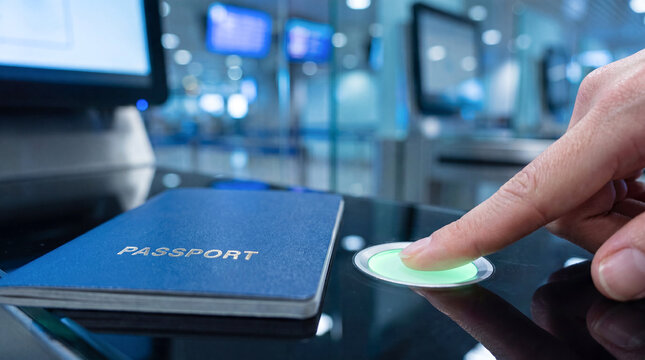 Woman finger pressing scanner biometric passport