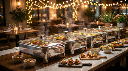 Fototapeta premium Catering banquet table with stainless steel chafing dishes and appetizers in restaurant