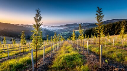 Obraz premium Serene Landscape of Young Trees Stretching Towards a Colorful Sunrise Over Rolling Hills in a Tranquil Countryside Setting