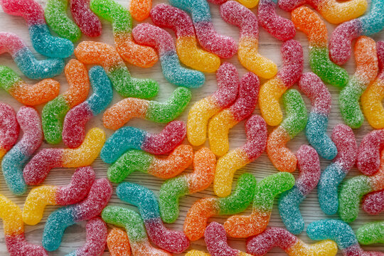 Sugary Sour Gummy Worms, top view.