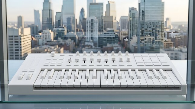 White midi keyboard controller on desk overlooking modern city skyline for music production and studio recording sessions
