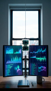 Dual monitors displaying colorful data dashboards with microcomputer on wooden desk