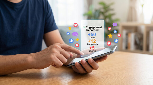 Social media engagement metrics on smartphone screen, digital marketing analytics with likes and comments, person tracking online growth and viral reach