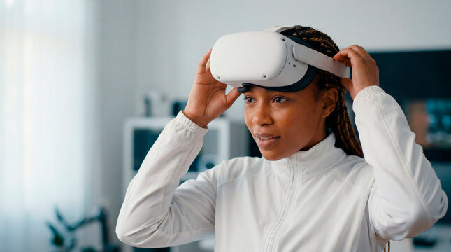 Young woman lifting virtual reality headset exploring immersive technology at home