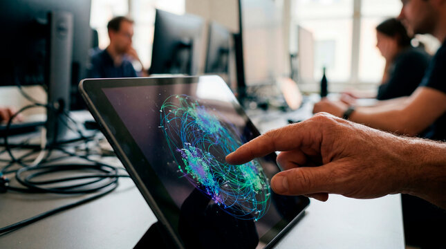 Hand touching tablet with glowing network visualization in busy tech office