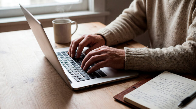 Man typing on laptop with coffee mug and notebook at cozy home wooden desk