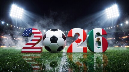 Naklejka premium A 3D render of the year 2026 with USA, Canada, and Mexico flag textures and a soccer ball on a stadium pitch, celebrating the international football tournament.