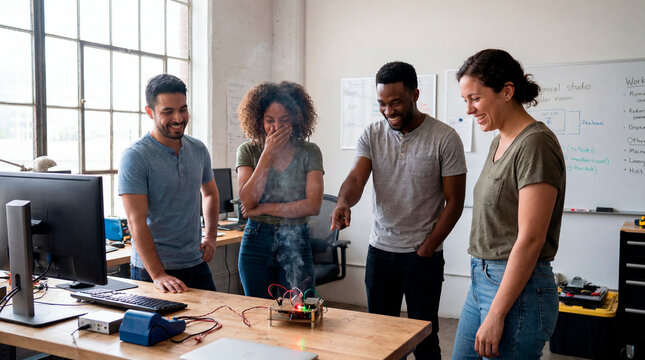 Engineers laughing at smoking prototype circuit board in creative electronics studio