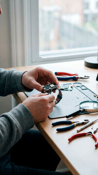 Technician repairing smartwatch board with tweezers and tools by bright window