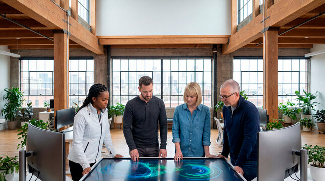 Diverse team analyzing data visualization on interactive table in industrial loft