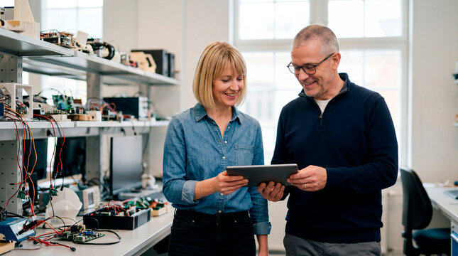 Two engineers reviewing data on digital tablet in bright electronics laboratory