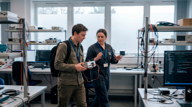 Two engineers walking with prototype device through bright research laboratory