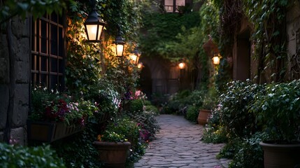 Fototapeta premium A quiet street scene featuring flower boxes warm lanterns and lush greenery adorning aged stone walls