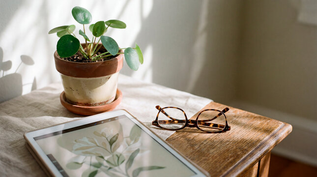 Cozy home corner with tablet potted plant and eyeglasses in warm morning light