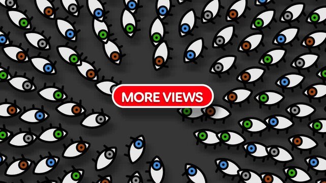 2D Animation of Cartoon Eyes Following More Views Sign Concept of Social Media Growth Digital Marketing and Audience Attention Loop