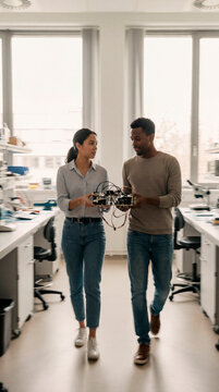 Two young engineers carrying robot prototype through bright research laboratory