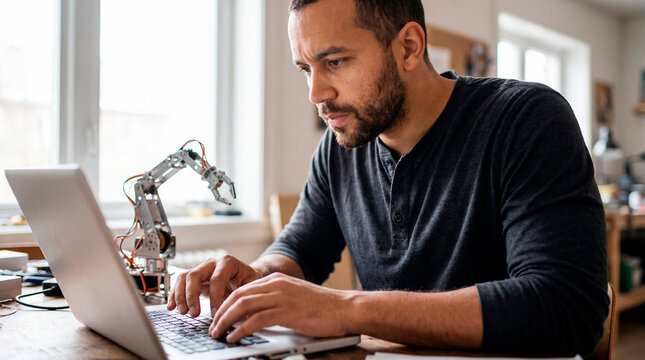 Focused man programming on laptop beside robotic arm at home electronics desk