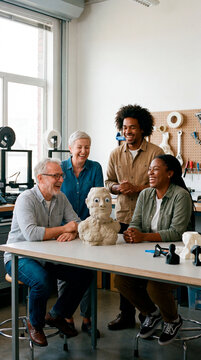 Makers laughing at googly eyed clay sculpture in creative 3D printing workshop