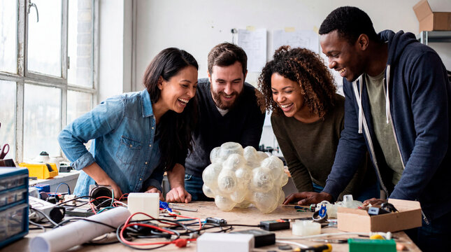 Engineering team admiring translucent 3D printed prototype in electronics workshop