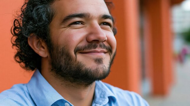 Smiling man with beard and curly hair looking away portrait expression positive cheerful
