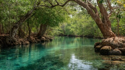 Fototapeta premium Tranquil River Surrounded by Lush Greenery and Majestic Trees in a Serene Natural Setting with Crystal Clear Waters in Bright Daylight
