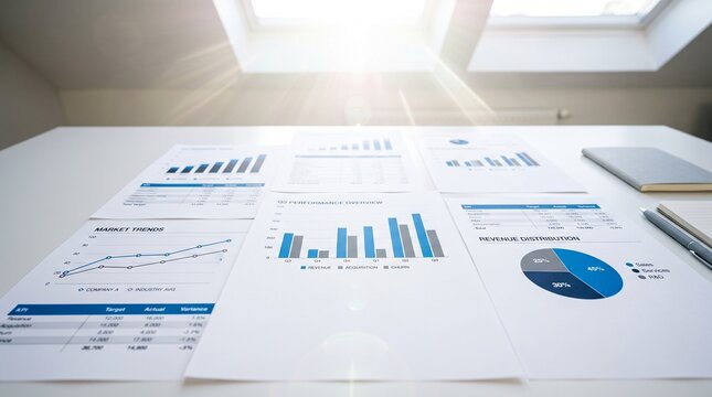 Many charts and graphs. Reflection light and flare. Concept image of data gathering and statistical working.