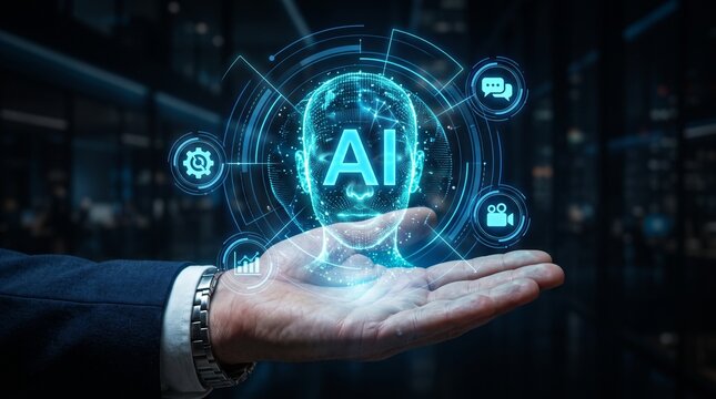 Multimodal generative AI. Agentic AI for workflow automation as business process support tool. Businessperson holding an artificial intelligence icon.