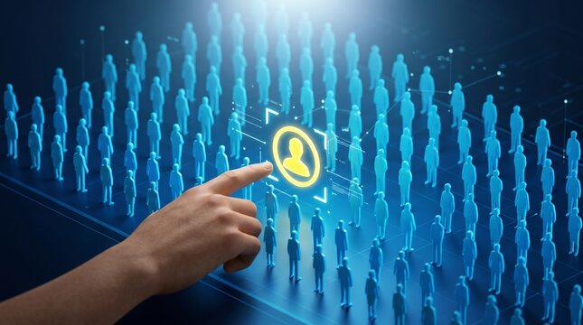 Niche marketing and segmentation strategy. Market research and statistical data. Marketer touching people icons.