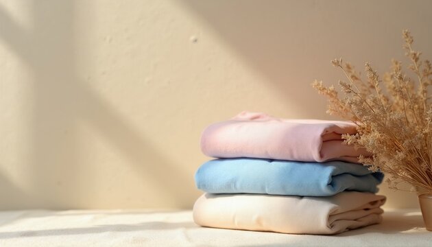 Stack of pastel cotton underwear in soft tones. Undergarments are neatly folded on a light beige surface. Dry grass bouquet adds decorative touch to intimate apparel display.