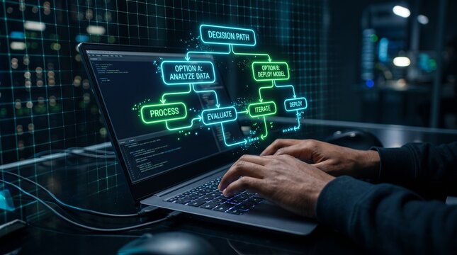 Decision tree analysis. Decision support for risk management. Businessperson using laptop computer to analyze strategy.
