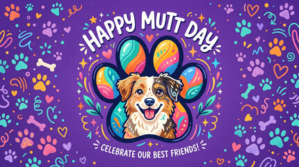 Naklejka premium Happy Mutt Day illustration with smiling mixed-breed dog in colorful paw print on purple background
