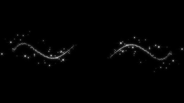 White glowing fairy dust trail animation, twinkling glitter stars line, magic sparkle burst, shimmering bokeh lights, curved pixie dust path, smooth 2d transition on black background in 4k