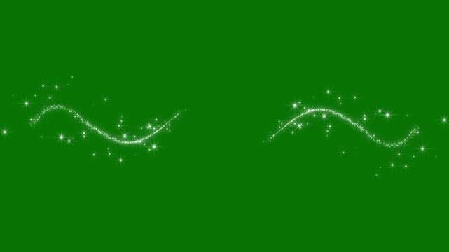 White glowing fairy dust trail animation, twinkling glitter stars line, magic sparkle burst, shimmering bokeh lights, curved pixie dust path, smooth 2d transition on green background in 4k